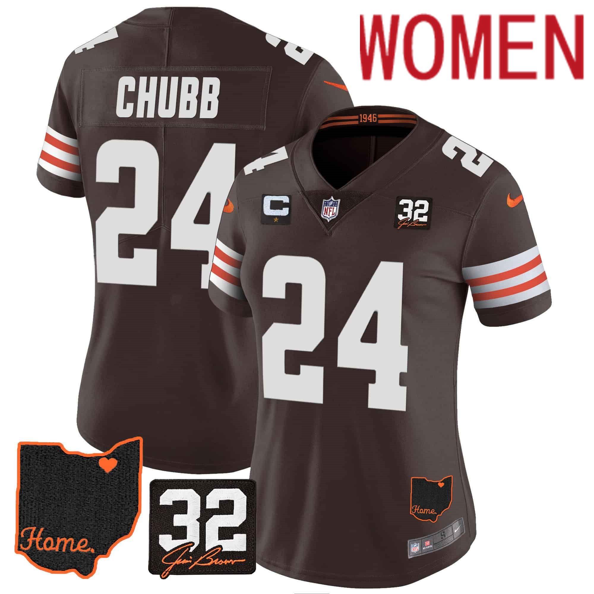 Women Cleveland Browns #24 Chubb Brown Memorial Home Patch 2024 Nike NFL Jersey style 1